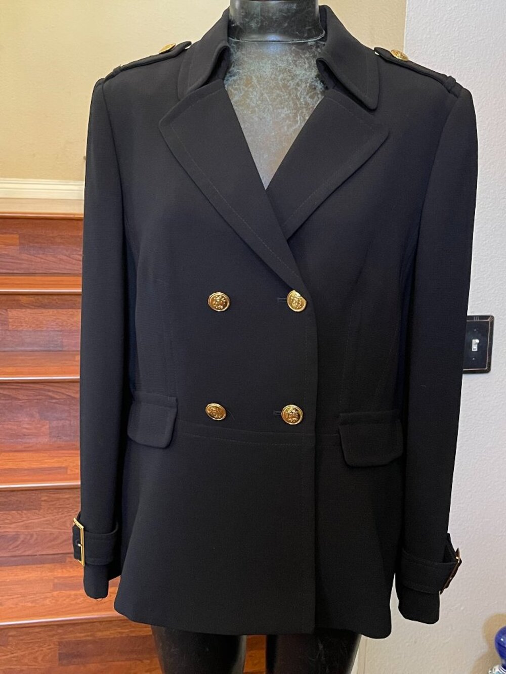 Tahari Women's Black Double Breasted Sz 16 Jacket Blazer Nautical Gold Buttons